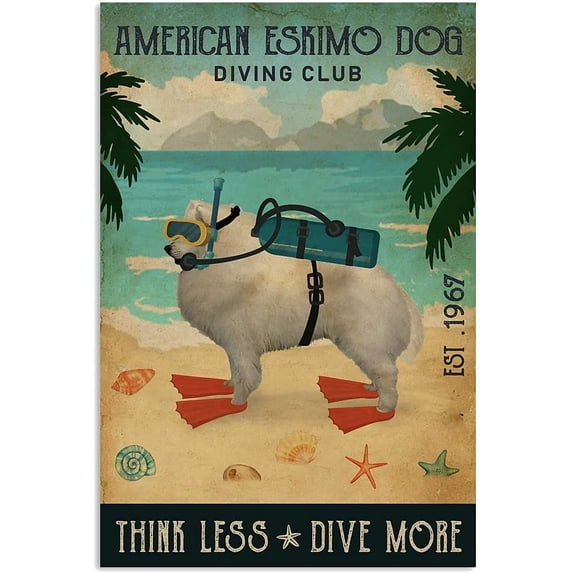 Tin Signs for Women Diving Club American Eskimo Dog Sign Vintage Metal Sign Vintage Home Decor Rustic Aluminum Tin Signs Wall Art Metal Poster for Garage Bar 8x12 Inch