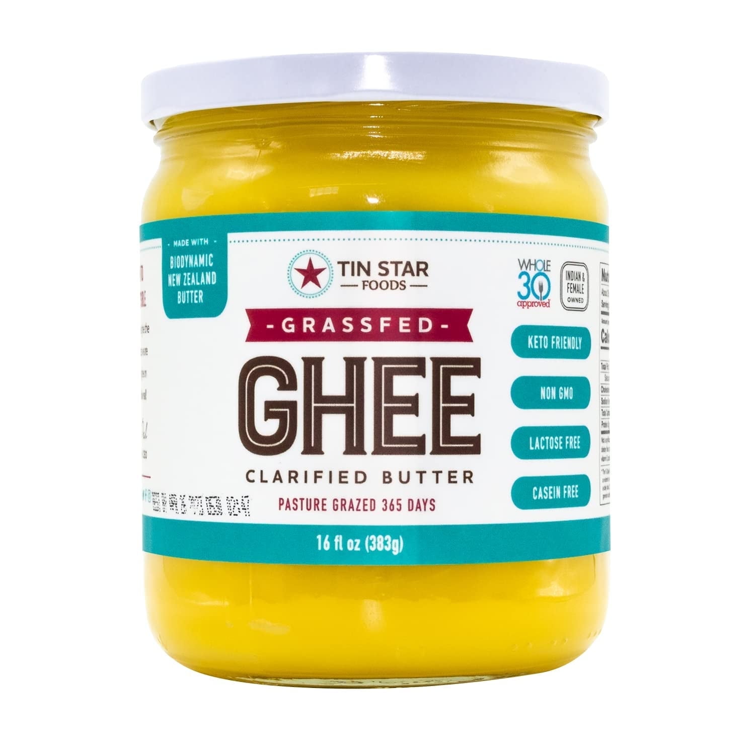 Tin Star Foods 100% Grassfed Indian Ghee 16 oz - Hand Filtered and made with Regenerative Biodynamic New Zealand Butter