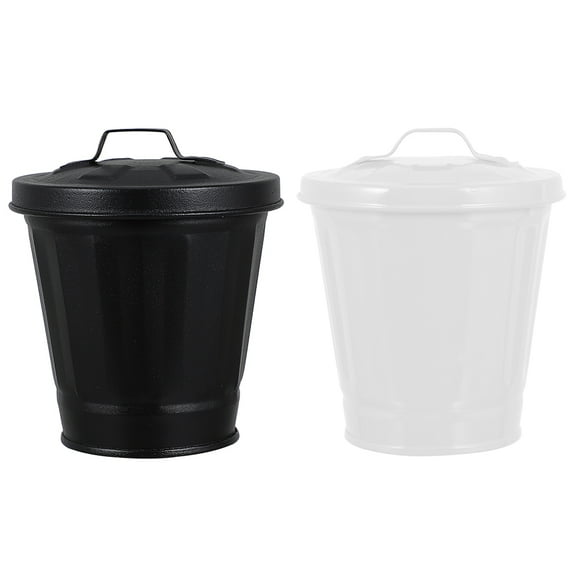 2 Pcs Mini Tin Trash Can with Lid, Small Metal Household Waste Bin, Office Desk Container, Iron Sheet