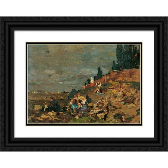 Tina Blau 14x11 Black Ornate Wood Framed Double Matted Museum Art Print Titled: Children on the Cemetery Wall (1888)