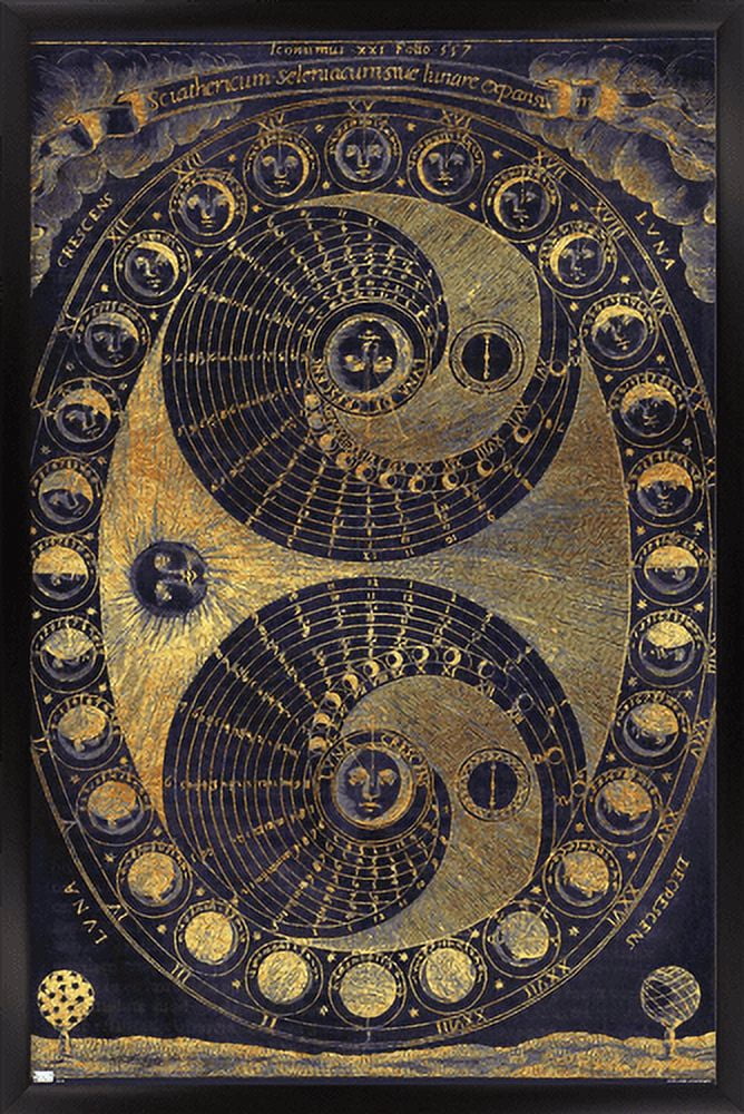 Tina Lavoie - Golden Elements Of The Moon Astronomy Chart Wall Poster, 22.375" x 34", Framed