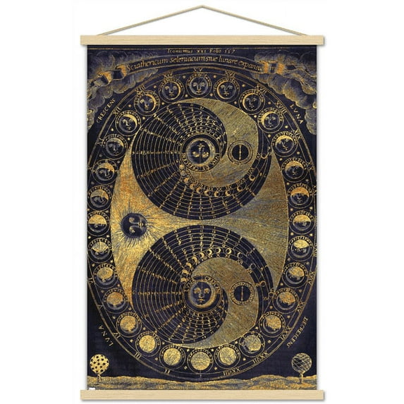 Tina Lavoie - Golden Elements Of The Moon Astronomy Chart Wall Poster with Wooden Magnetic Frame, 22.375" x 34"
