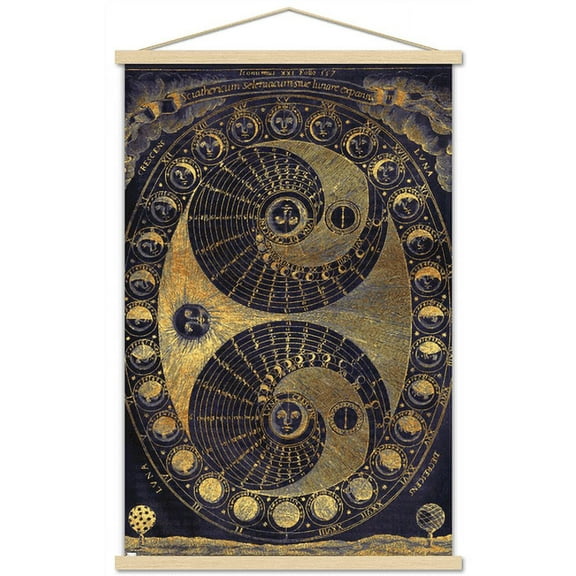 Tina Lavoie - Golden Elements Of The Moon Astronomy Chart Wall Poster with Wooden Magnetic Frame, 22.375" x 34"