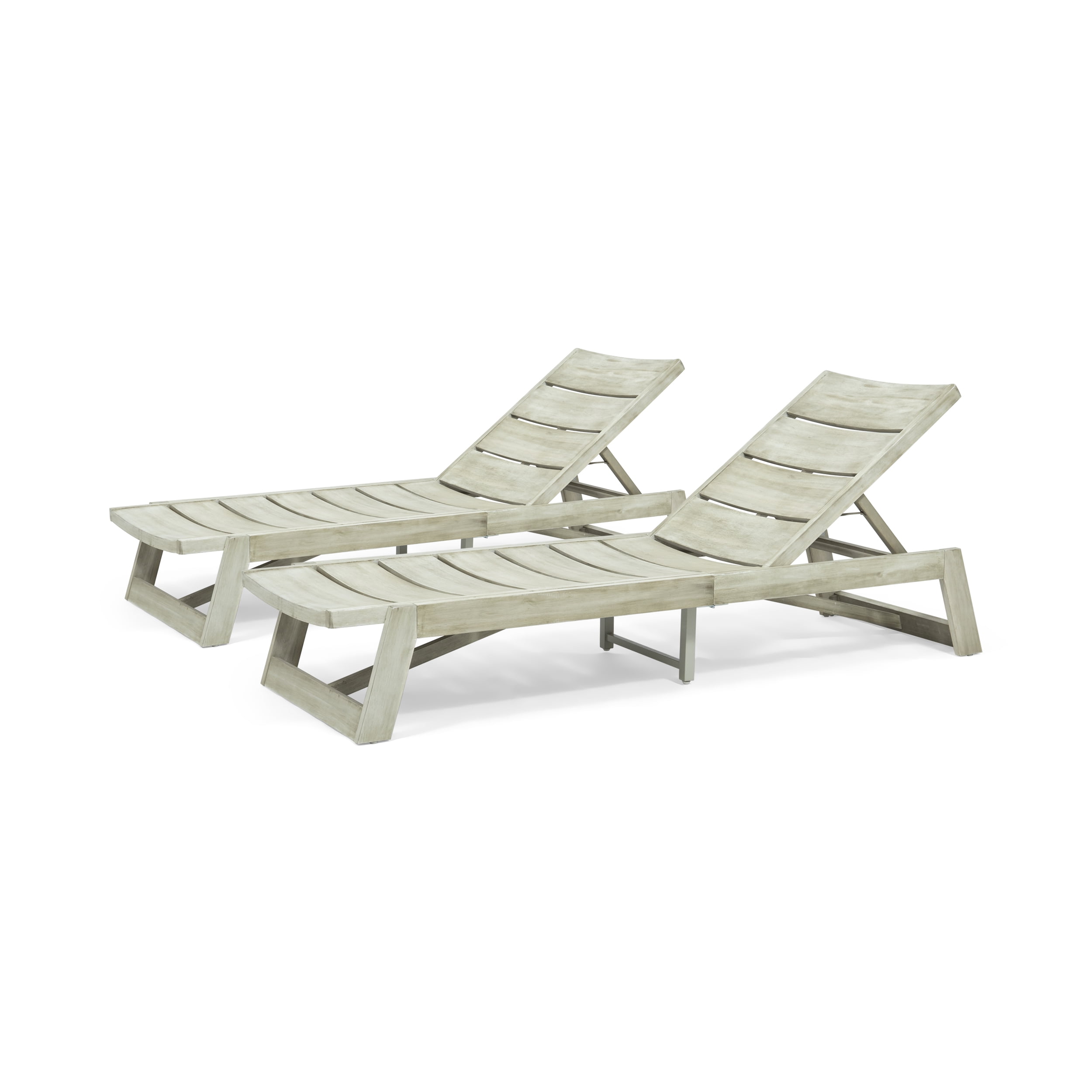 Light Gray Wash Acacia Wood and Iron Adjustable Outdoor Chaise Lounges