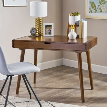 Tina Writing Desk, Mid-Century Modern Wooden Desk with Large Storage Drawer, Solid Rubberwood Legs, 40.25” x 23.75” x 30” for Home Office or Study Room, Brown