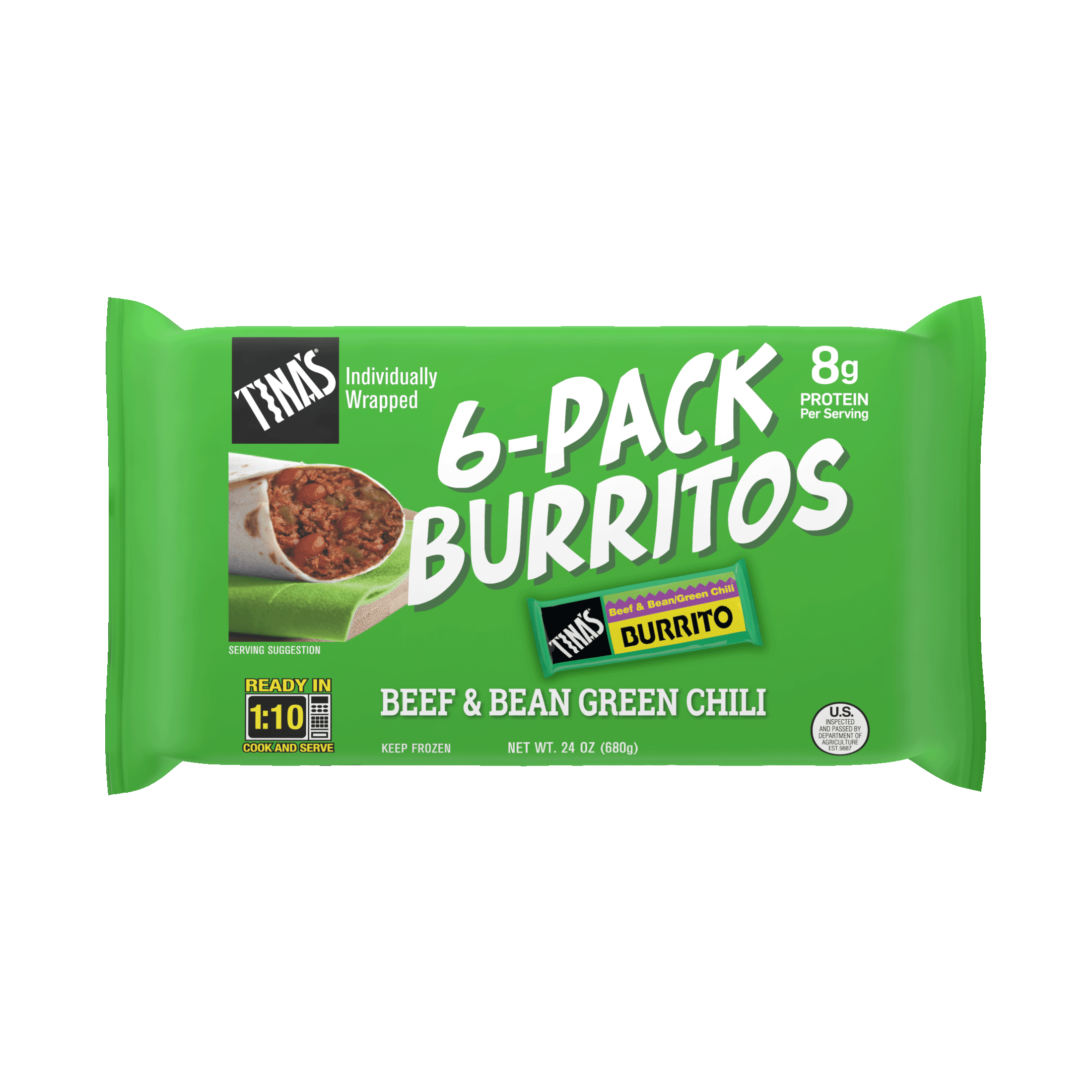 Tina's Beef and Bean Green Chili Burritos Individually Wrapped, 24 oz, 6 Count (Frozen)