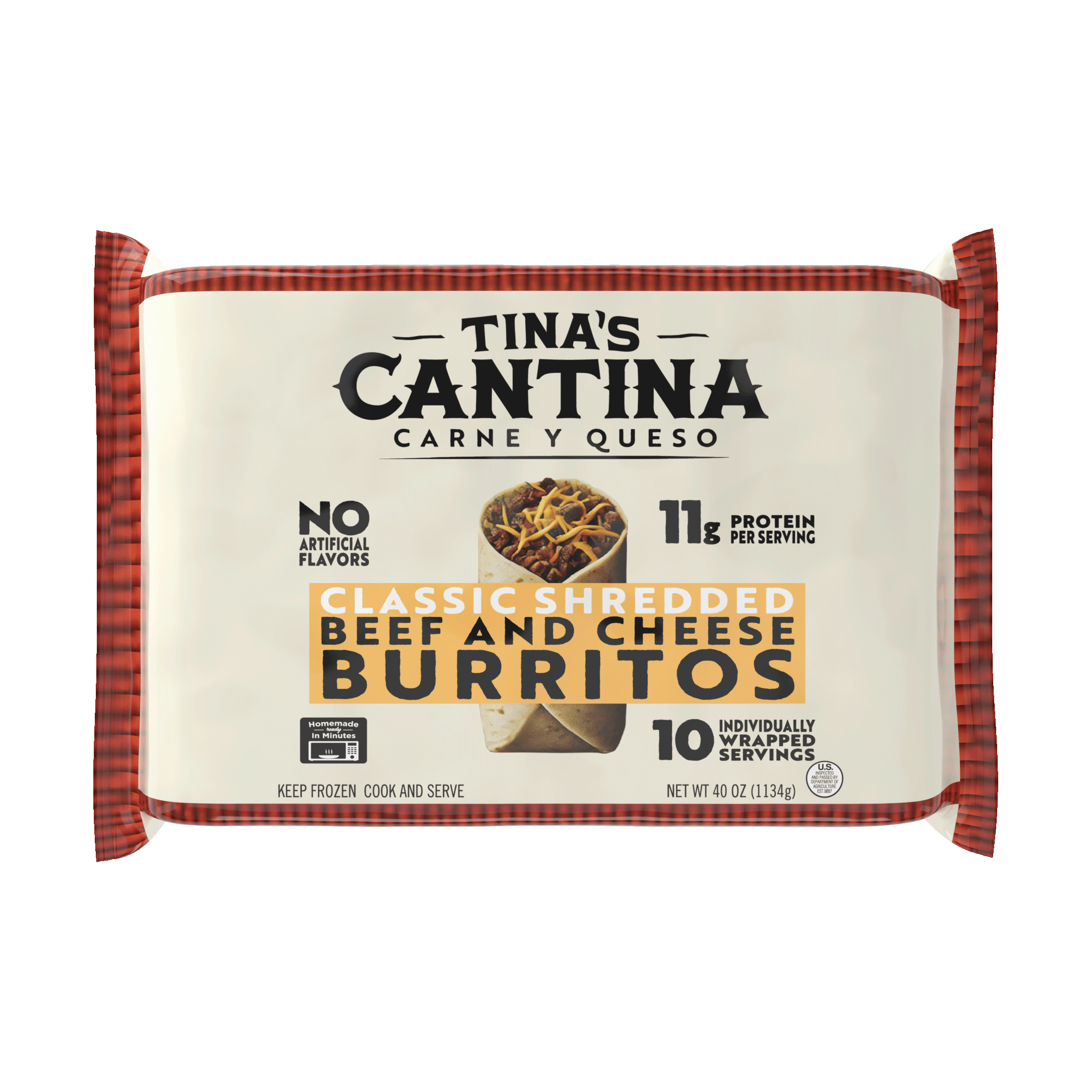 Tina's Cantina Carne de Queso Burritos, 40 oz Frozen Value Pack, Individually Wrapped, 10 count