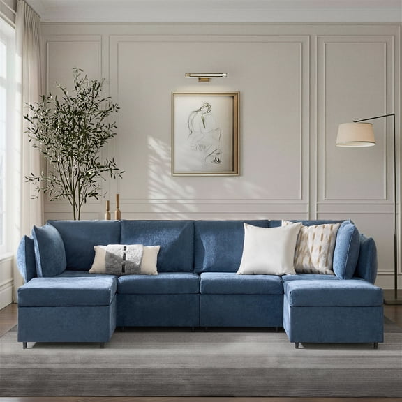 Tina's Home 111.5" Wide Modular Sectional Sofa with Washable Covers, Pet-Friendly Fabric Modern 6-Seat L-Shaped Sofa for Living Room Apartment, Navy