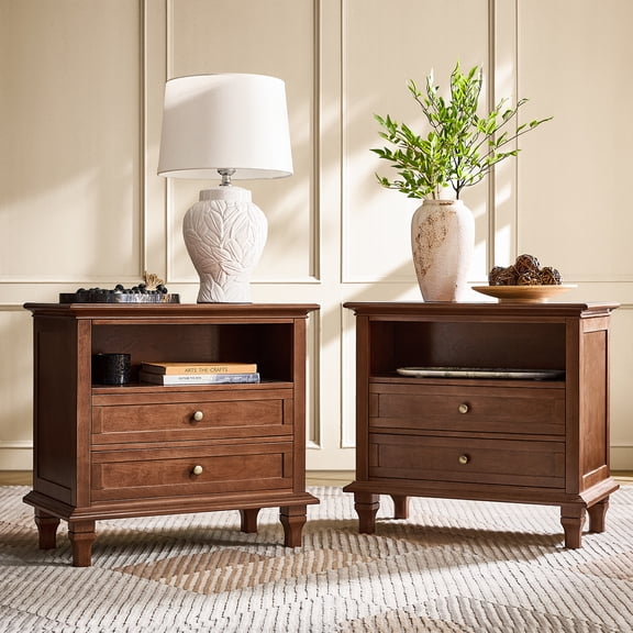 Tina's Home 28" Wide Transitional Set of 2 Wood End Table with Charging Station and Solid Wood Legs for Living Room Bedroom Small Spaces Walnut