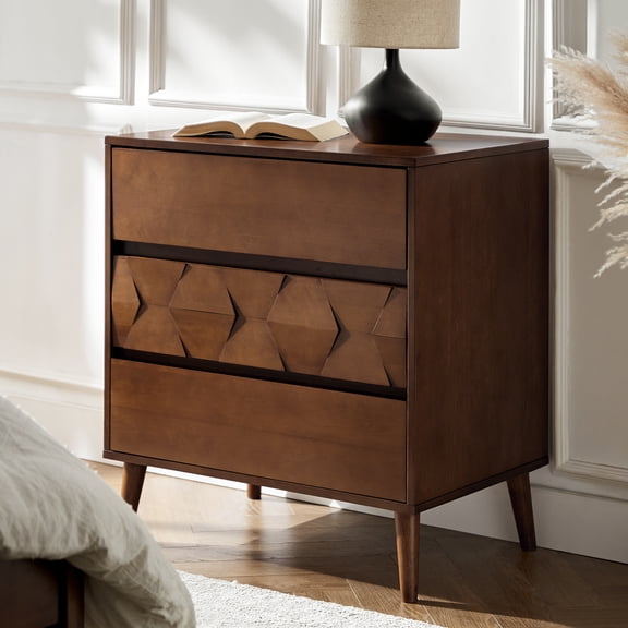 Tina's Home 30" Wide Mid Century Modern Wood End Table with Charging Station and 3 Drawers, Geometric Pattern Accent Table for Bedroom Living Room, Walnut