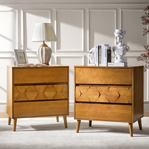 Tina's Home 30" Wide Mid Century Modern Wood End Table Set of 2 with Charging Station and 3 Drawers, Geometric Pattern Accent Table for Bedroom Living Room, Acorn