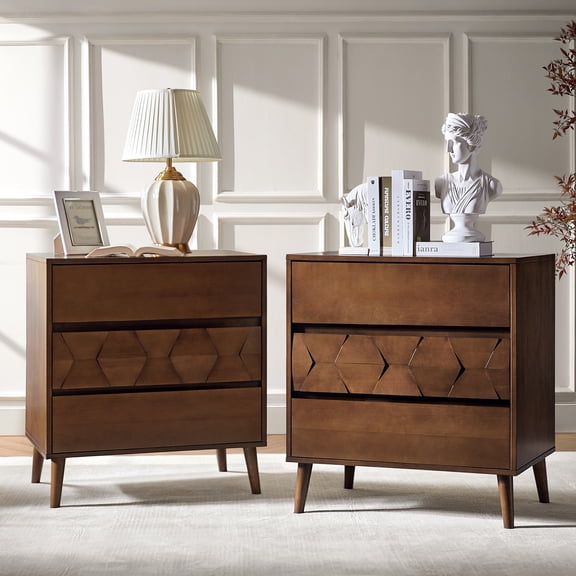 Tina's Home 30" Wide Mid Century Modern Wood End Table Set of 2 with Charging Station and 3 Drawers, Geometric Pattern Accent Table for Bedroom Living Room, Walnut