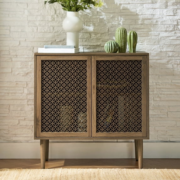Tina's Home 32" Tall Farmhouse Walnut Accent Cabinet with LED Lights, 2 Doors Hollow Carved Design, for Living Room, Entryway, Dining Room