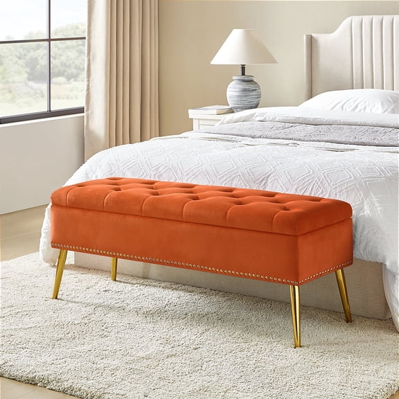 Tina's Home 45" Velvet Upholstered Storage Bench for Bedroom Entryway Orange