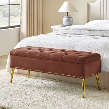 Tina's Home 45" Velvet Upholstered Storage Bench with Gold Metal Legs for Bedroom, Entryway, Living Room, Burn-Brick