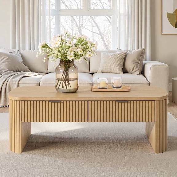 Tina's Home 46.5" Modern Fluted Solid Wood Coffee Table with Storage Drawers, Oak Veneer Rectangle Center Table for Living Room Natural