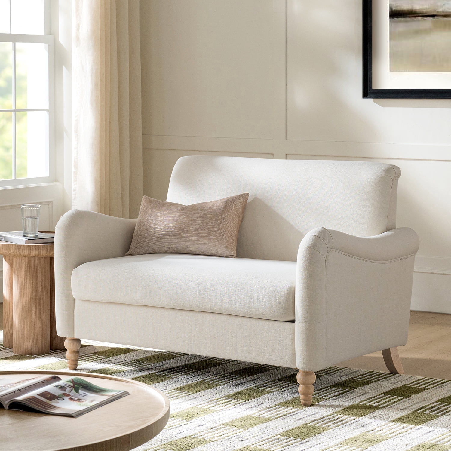 Tina's Home 50" Farmhouse Loveseat Sofa with Slope Arms and Solid Wood Bobbin Legs for Living Room, Ivory