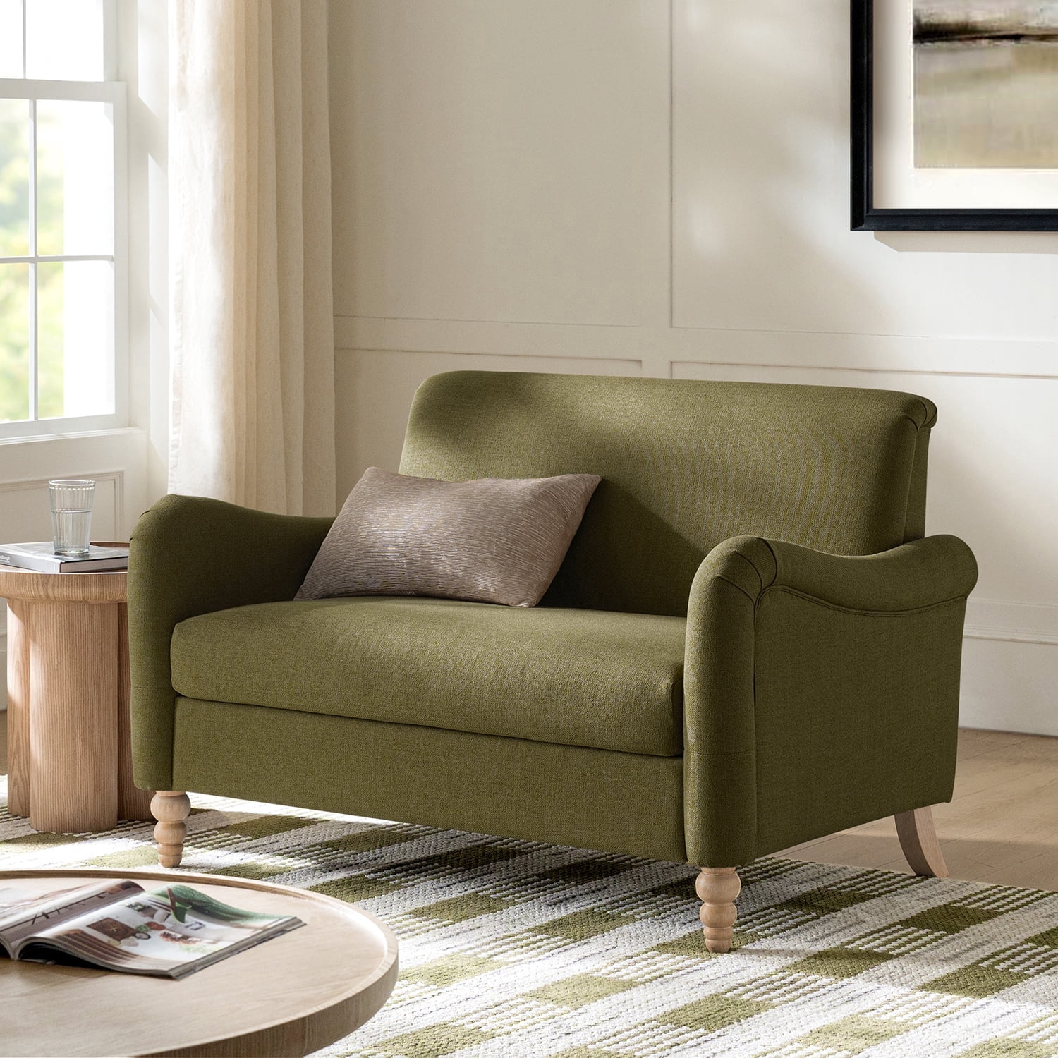 Tina's Home 50" Farmhouse Loveseat Sofa with Slope Arms and Solid Wood Bobbin Legs for Living Room, Moss