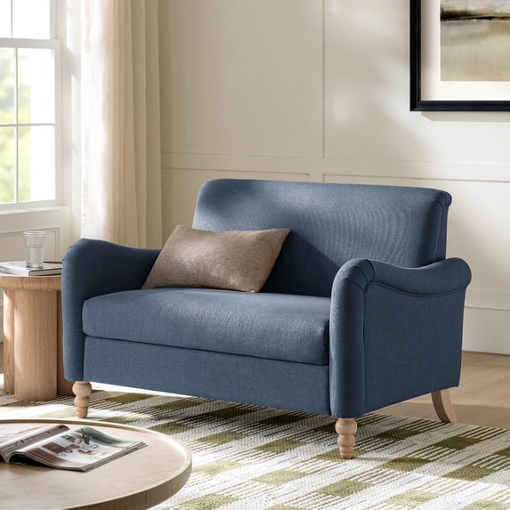Tina's Home 50" Farmhouse Loveseat Sofa with Slope Arms and Solid Wood Bobbin Legs for Living Room, Slate Blue