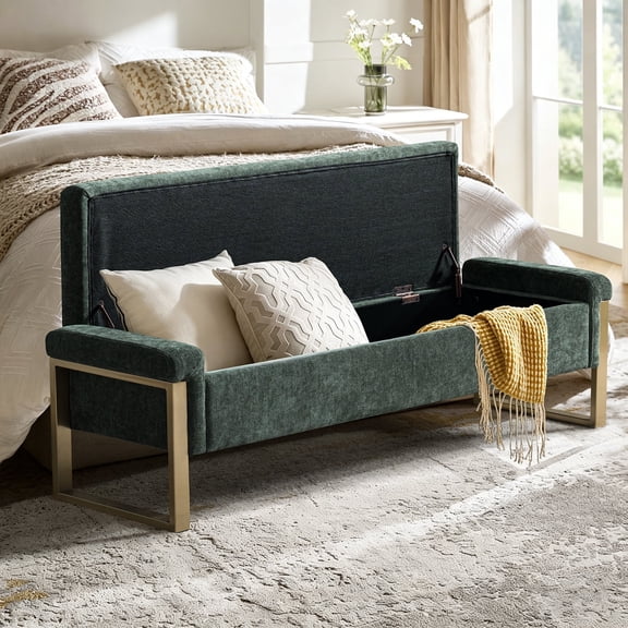 Tina's Home 55" Upholstered Storage Bench with Soft-Close Lid, Extra Deep Hidden Storage Ottoman with Metal Legs for Bedroom Entryway, Forest