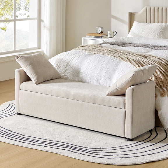 Tina's Home 59" Storage Bench Upholstered Bed End Foot Stool 2 Throw Pillows Bedroom Entryway Living Room Linen