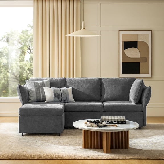 Tina's Home 92.5" Wide 4-Piece Modular Sectional Sofa with Storage, Modern Chenille Upholstered L-Shaped Couch for Living Room Apartment Small Space, Gray