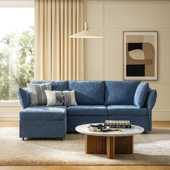 Tina's Home 92.5" Wide 4-Piece Modular Sectional Sofa with Storage, Modern Chenille Upholstered L-Shaped Couch for Living Room Apartment Small Space, Navy