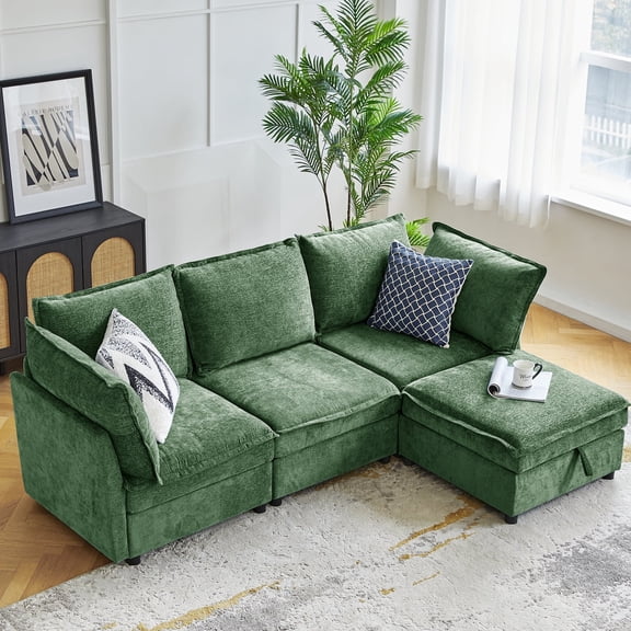 Tina's Home 97" Modular Sectional Sofa, L-Shaped Couch with Storage and Ottoman, Oversized Chenille 4-Seat Sofa with Chaise Lounge for Living Room Green