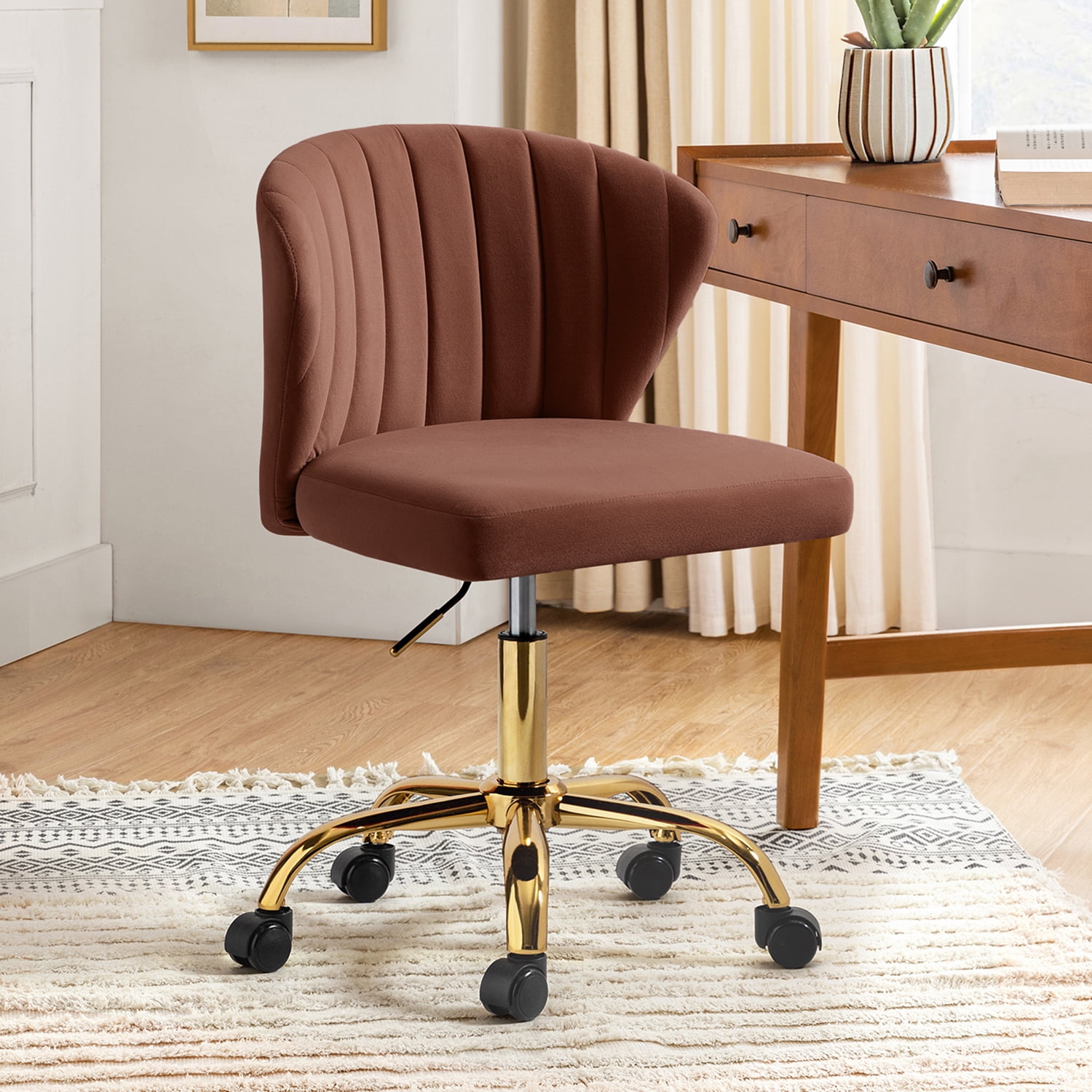 Tina's Home Burn-Brick Velvet Swivel Office Chair with Gold Legs, Adjustable Height Rolling Desk Chair for Vanity
