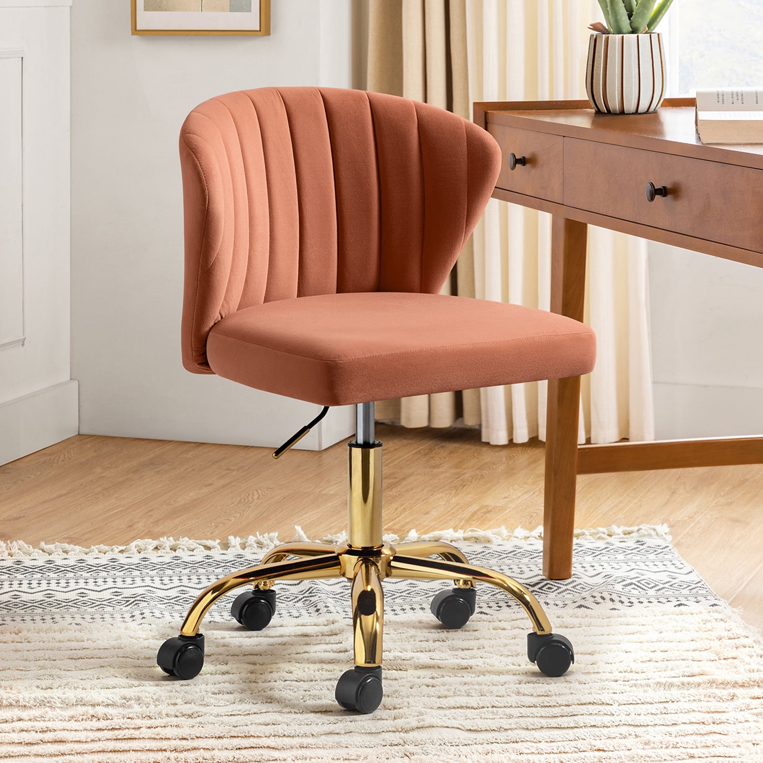 Tina's Home Coral Velvet Swivel Office Chair with Gold Legs, Adjustable Height Rolling Desk Chair for Vanity