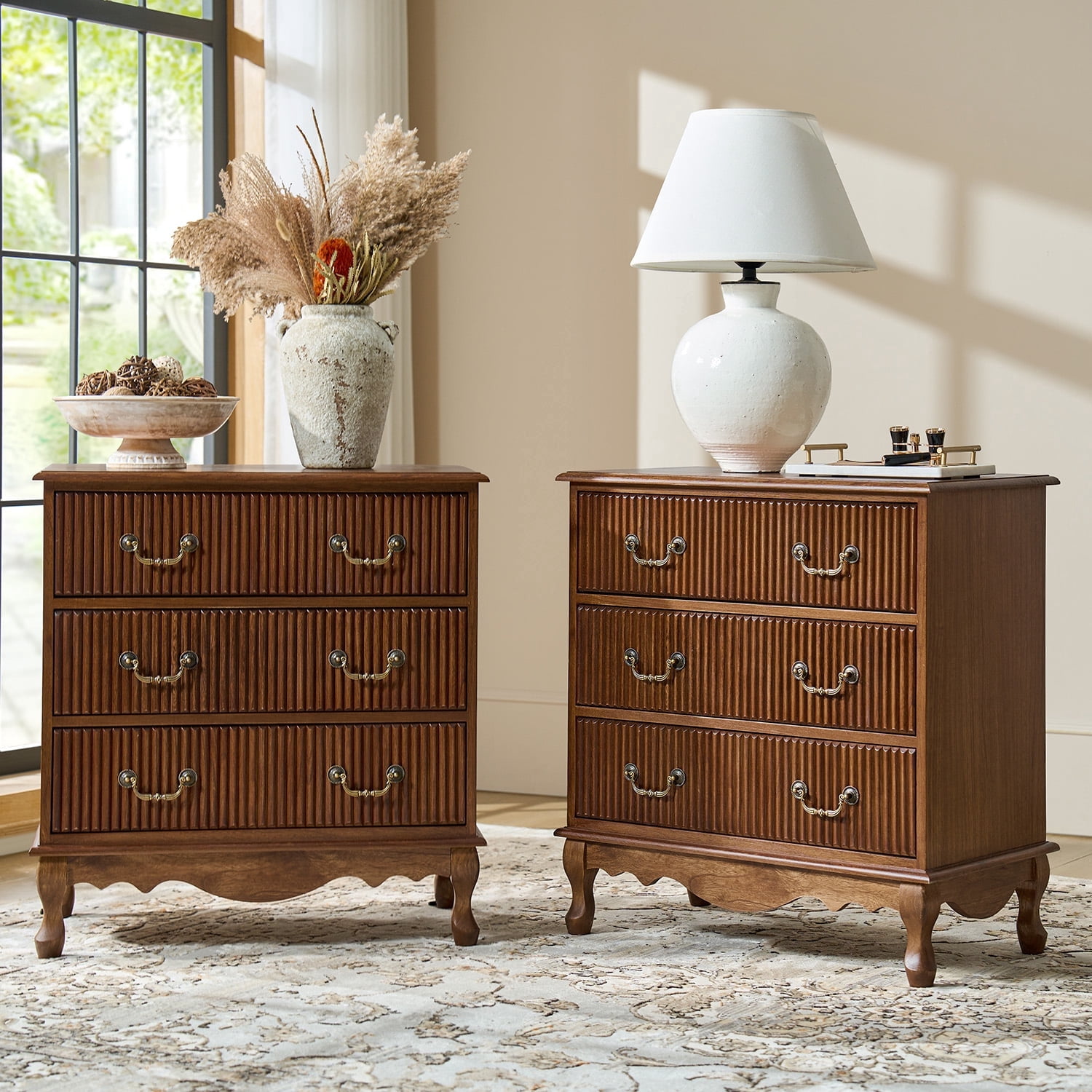 Tina's Home Farmhouse 28" Solid Wood End Tables Set of 2 with Vertical Striped Design, Built-in Charging Station - 3 Cherry Drawers