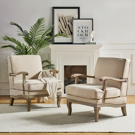Tina's Home Farmhouse Accent Chair Set of 2, Upholstered Armchair with Solid Wood Legs, Removable Cushion Comfy Reading Chair for Living Room Bedroom, Linen