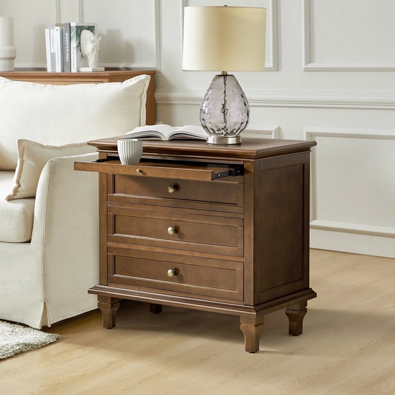 Tina's Home Farmhouse Walnut Soild wood End Table with Charging Station, 3 Drawer Side Table with Pull-Out Tray for Living Room, Small Spaces