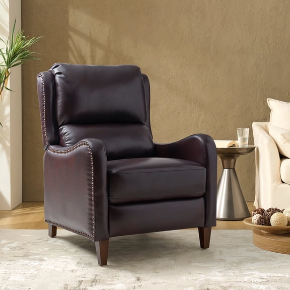Tina's Home Genuine Leather Recliner Chair Push Back Upholstered Armchair Wingback Lounge Sofa Wood Leg Home Decor Living Room Bedroom Espresso