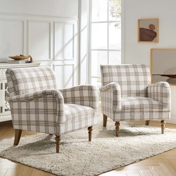 Tina's Home Plaid Upholstered Accent Chairs Set of 2 with Solid Wooden Legs for Living Room Bedroom, Tan