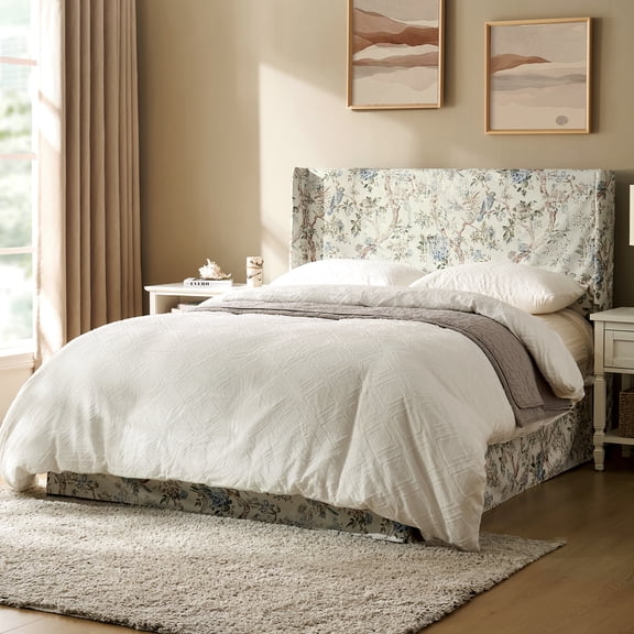 Tina's Home King Size Metal Platform Bed Frame, Wingback Design with Removable & Machine-Washable Bird Pattern Fabric Cover, Bottom Storage Bed, Heavy-Duty Metal Slat Support, 1000 lb Weight Capacity