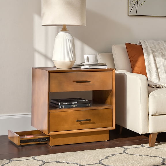 Tina's Home Mid Century Modern 24" Wide Wood Side Table with Charging Station, Small Storage Table with Open Shelf for Living Room Apartment Small Spaces, Acorn