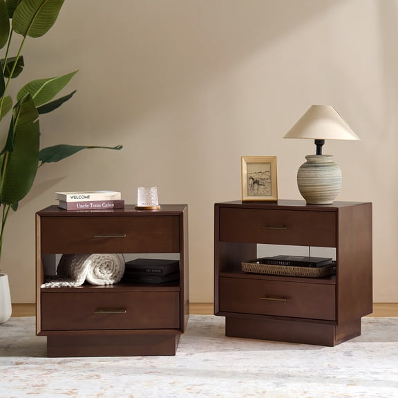 Tina's Home Mid Century Modern 24" Wide Wood Side Table Set of 2 with Charging Station, Small Storage Table with Open Shelf for Living Room Apartment Small Spaces, Walnut