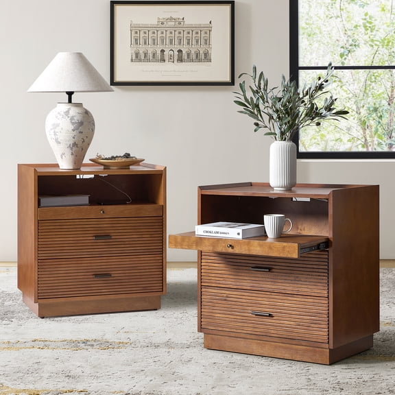Tina's Home Mid-Century Modern End Table with LED Light, USB Charging Station & Pull-Out Tray, Wooden Side Table with 2 Drawers for Living Room or Small Spaces, Walnut