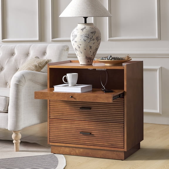 Tina's Home Mid-Century Modern Side Table with LED Light, USB Charging Station & Pull-Out Tray, Wooden End Table with 2 Drawers for Living Room or Small Spaces, Walnut