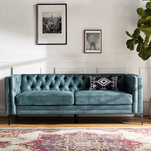 Tina's Home Mid Century Modern Tufted Sofa Couch with Metal Legs, Upholstered 3-Seat Living Room Sofa, Comfortable Fabric Couch for Apartment, Bedroom or Small Space, Blue