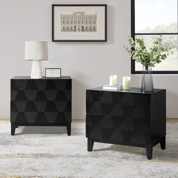 Tina's Home Modern 2-Drawer Solid Wood End Table with Built-in USB & Power Outlet, Small Space Storage Cabinet for Living Room, Office (Black, Set of 2)