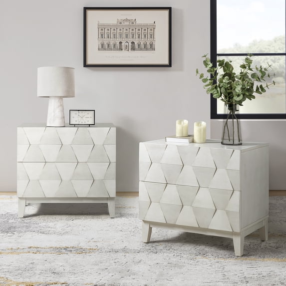 Tina's Home Modern 2-Drawer Solid Wood End Table with Built-in USB & Power Outlet, Small Space Storage Cabinet for Living Room, Office (White, Set of 2)