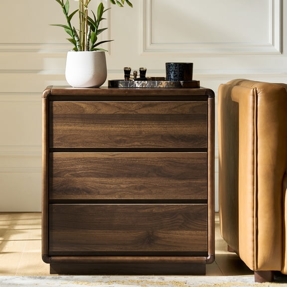 Tina's Home Modern 3-Drawer Accent Cabinet with USB Ports & Power Outlet, Rounded Edge Storage Table, Walnut