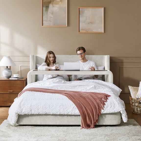 Tina's Home Modern 4-in-1 Convertible Upholstered Queen Size Bed with Overbed Table & Bench Function, No Box Spring Needed, Ivory