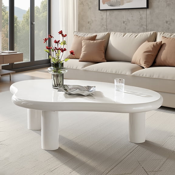 Tina's Home Modern 50.5" Wide Cloud Coffee Table with Lacquered Finish, Asymmetrical Design & Adjustable Feet for Living Room, White