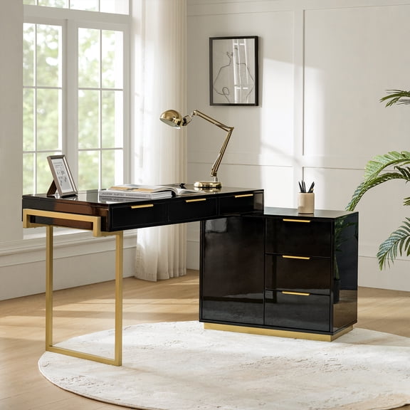 Tina's Home Modern Home Office Desk with Drawers & Storage Cabinet, Computer Desk with Power Outlet, Black