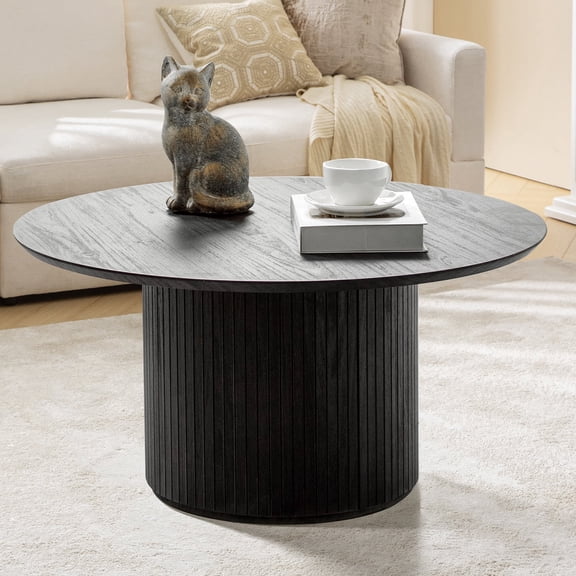 Tina's Home Modern Round Coffee Table with Slatted Wood Base, Minimalist Center Table for Living Room, Small Space Friendly Accent Table, Easy Assembly Charcoal