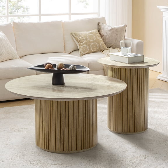 Tina's Home Modern Round Coffee Table with Slatted Wood Base, Minimalist Center Table for Living Room, Small Space Friendly Accent Table, Easy Assembly Lime