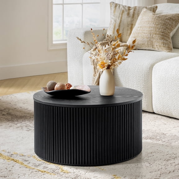Tina's Home Modern Round Coffee Table with Solid Wood Slat Design, Storage Coffee Table for Small Spaces, Contemporary Center Table for Living Room, Easy Assembly